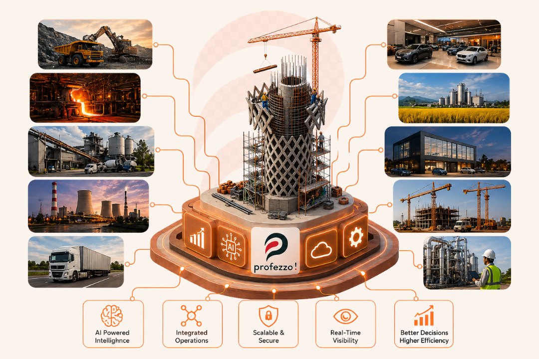 Profezzo at the centre of the industries it serves — mining, steel, cement, power, rice & agri, showrooms, warehousing, logistics and construction — powered by AI-driven, integrated, real-time operations